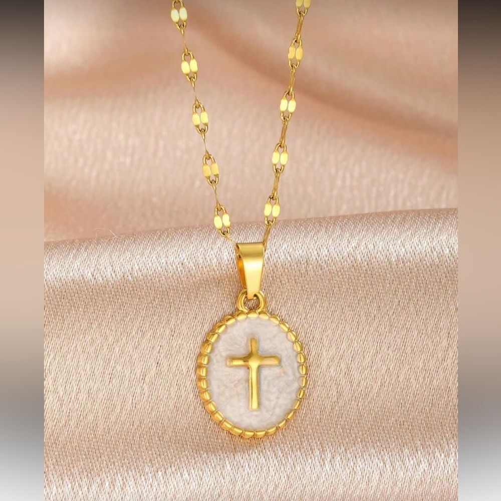 Anthropologie Gold Cross Pendant Necklace with White Inlay